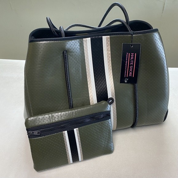 HAUTE SHORE Handbags - NEW Haute Shore GREYSON ENVY Tote Purse Olive Green Rose Gold Black Stripes Bag